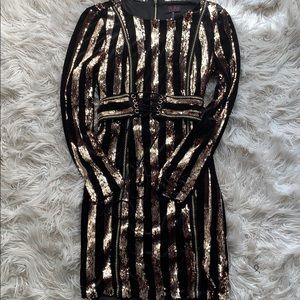 Rose Gold Sequins Black Velvet Long Sleeves Dress